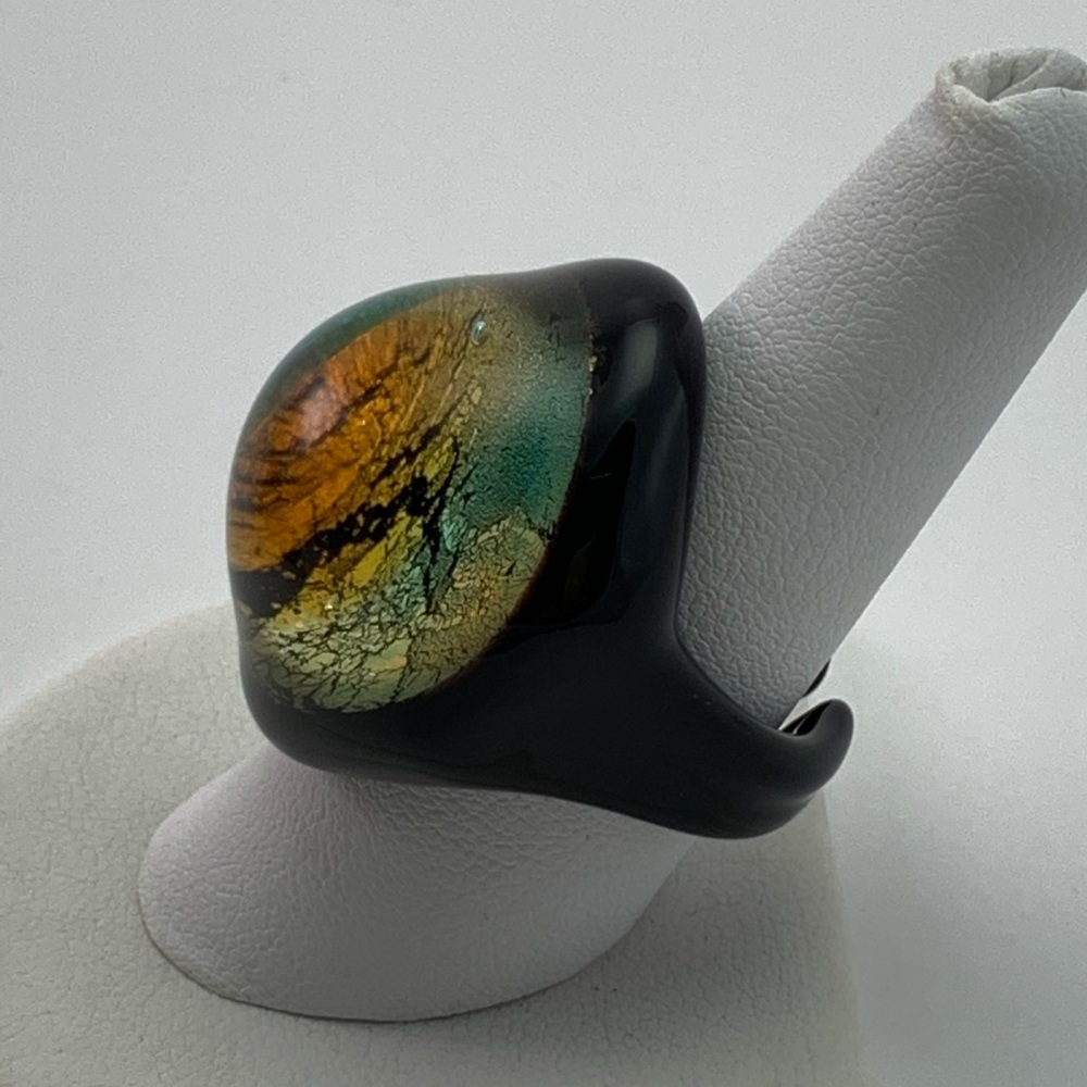 Signed Murano Black Multi Color Ring Sz 8-8.5 - Picture 2 of 5